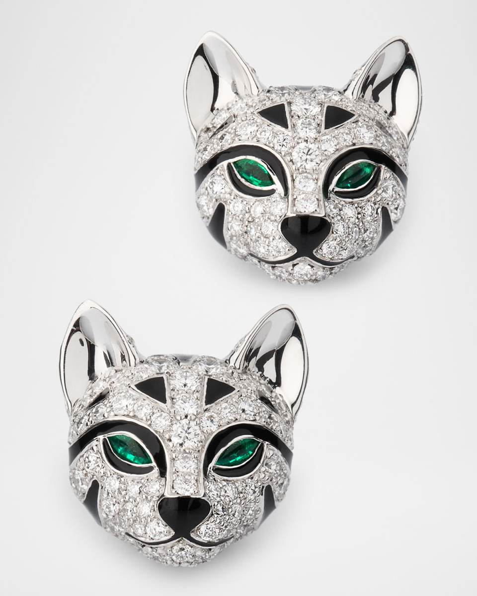 18K White Gold Fuzzy, the Leopard Stud Earrings with Diamonds and Emeralds
